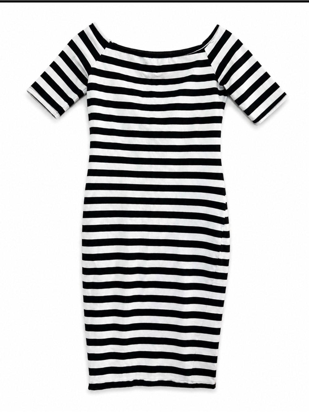 SHEIN Black and White Striped Off-Shoulder Bodycon Dress.  Spandex, good